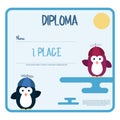 Flat template of diploma decorated with penguins stylized as a children with propeller hat.