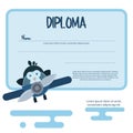 Flat template of fiploma decorated with penguin in the airplane.