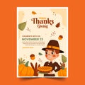 flat thanksgiving invitation template with pilgrim holding pie vector illustration