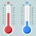 Flat thermometers. Hot and cold mercury thermometer control with accuracy meteorology fahrenheit and celsius scales temp Royalty Free Stock Photo