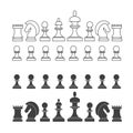 Flat and Thin Line Chess Pieces Set. Vector