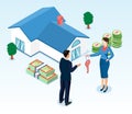 Flat tiny building purchase debt person`s, House Loan, Rent, Real Estate Agent and Mortgage concept. 3D Isometric Vector Royalty Free Stock Photo