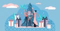 Flat tiny family Christmas vector illustration. Tiny winter persons concept