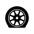 Flat tire icon. Deflated automobile tire. Punctured wheel of car. Tire service station garage. Vector illustration