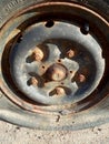 Flat tire and rusty car, old car elements Royalty Free Stock Photo