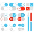 Flat toggle switch set, light theme. On and Off blue sliders. Template for app and website.