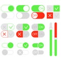 Flat toggle switch set, light theme. On and Off green sliders. Template for app and website.