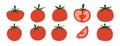 Flat tomato icons set, red tomato illustrations with green stems, fresh food elements Royalty Free Stock Photo