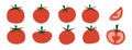 Flat tomato icons set, red tomato illustrations with green stems, fresh food elements Royalty Free Stock Photo