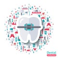 Flat Tooth in Braces Sticker Icon.