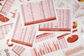 Flat top view of business workspace - reports with data, tables and analytic chart. Business financial accounting concept