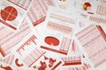 Flat top view of business workspace - reports with data, tables and analytic chart. Business financial accounting concept