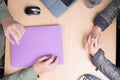 Flat top view of desk with hand businessman and businesswoman meeting Royalty Free Stock Photo