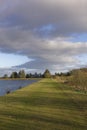 The Flat toped and grassy embankment that divides the 2 Reservoirs at Monikie Country Park Royalty Free Stock Photo