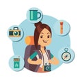 Flat tourist character with tourism accessories. Travel infographic icons
