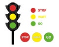Flat traffic lights with three colors - red, yellow, green. Set traffic light illustration with text, colored badges Royalty Free Stock Photo