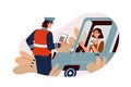 Flat traffic police inspector check digital driver licence of woman