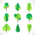 Flat trees with outline set in modern style isolated on white background. Green tree logo. Simple plants icons. Vector Royalty Free Stock Photo