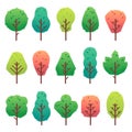 Flat trees set. Garden tree trunk, bush and pine. Nature green landscape vector isolated illustration Royalty Free Stock Photo