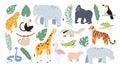 Flat tropical animals from african savannah and jungle forest. Cartoon tiger, monkey, flamingo, elephant and sloth