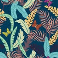 Flat tropical leaf seamless pattern blue background
