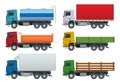 Flat trucks set isolated realistic vehicles on white background. Petroleum tanker, Dump Truck, Refrigerator truck Royalty Free Stock Photo