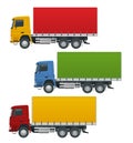 Flat trucks set isolated realistic vehicles on white background. Truck logistics, delivery side view