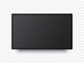 Flat tv screen mockup. Black television display on the transparent wall isolated and with blank screen and shadow. Big