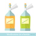 Flat two glass bottles with yelow and green mixture or medication. Royalty Free Stock Photo