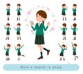 Flat type school girl Green Blazer_Have-a-Mobile-enjoy Royalty Free Stock Photo