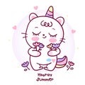 Flat unicorn cat cartoon Pony Child vector holding flower Happy summer holiday: Series Fairytale animals Girly doodles.