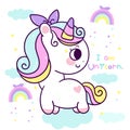 Flat unicorn fairy cartoon cute Pony Child rainbow on cloud: Series Fairytale Kawaii animals