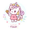 Flat unicorn fairy cartoon Pony Child vector with flower Kawaii style: Series Fairytale animals Girly doodles. Royalty Free Stock Photo