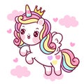 Flat unicorn fairy cartoon princess Pegasus pony child vector on cloud kawaii animals background