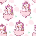 Flat unicorn fairy seamless pattern cartoon Pony Child vector on Cotton candy Kawaii food sweet dessert