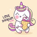 Flat unicorn logo cartoon holding ice cream pony child vector kawaii animals background