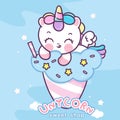 Flat unicorn logo cartoon pegasus pony child kawaii animals ice cream shop vector