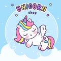 Flat unicorn logo cartoon pony sleep pegasus vector on cloud kawaii animals background Royalty Free Stock Photo