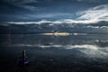 Flat uyuni salt and desert , infinite mirror and water, blue, sunset, landscape, siluettes, storms, beautiful, awesome, paradise, Royalty Free Stock Photo