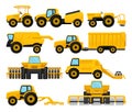 Flat vecto set of yellow agricultural machinery. Tractors and combine harvesters. Farm vehicle. Equipment for field work Royalty Free Stock Photo