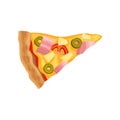 Flat vectoe icon of triangle pizza slice. Tasty fast food. Element for promo poster of cafe or pizzeria