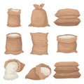 Flat vectoe set of burlap sacks with rice or flour. Large textile bags. Agricultural product. Elements for promo poster