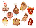 Flat vectoe set of kids wearing fast food costumes. Funny little boys and girls. Cartoon children characters