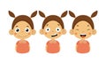 Flat vectoe set of little girl with different emotions. Smiling, confused and happy face. Cute child with two ponytails
