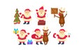 Flat vectoe set of Santa Claus in different actions. Funny reindeer, green fir tree and Christmas gifts