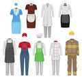 Flat vectoe set of staff clothing. Clothes of restaurant workers, maid, stewardess, firefighter. Male and female garment