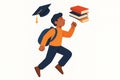 Flat vector ambitious student with floating graduation cap and books, future-oriented design, isolated on white Royalty Free Stock Photo