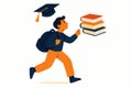 Flat vector ambitious student with floating graduation cap and books, future-oriented design, isolated on white Royalty Free Stock Photo