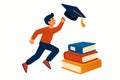 Flat vector ambitious student with floating graduation cap and books, future-oriented design, isolated on white Royalty Free Stock Photo