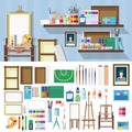 Flat vector art workshop objects: artist workplace, paints brush Royalty Free Stock Photo